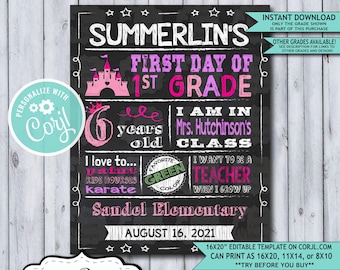 Back to School Sign Editable Template | Princess First Day of 1st Grade Printable Chalkboard Poster | Corjl Instant Download Template