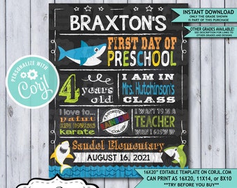 Back to School Sign Editable Template | Baby Shark First Day of Preschool Printable Chalkboard Poster | Corjl Instant Download Template