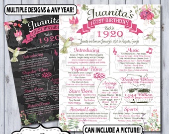 101st Birthday Poster | 101st Anniversary Poster | Floral Chalkboard Poster | 101 Years Ago Sign | Birthday Sign | Anniversary Sign | 1920