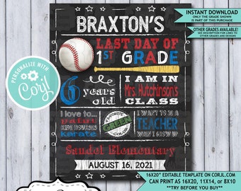 End of School Sign Editable Template | Baseball Last Day of 1st Grade Printable Chalkboard Poster | Corjl Instant Download Template