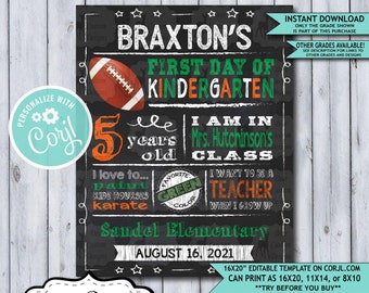 Back to School Sign Editable Template | Football First Day of Kindergarten Printable Chalkboard Poster | Corjl Instant Download Template