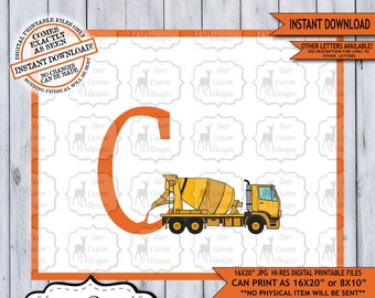 Letter C Print, Construction Vehicles Alphabet Printable Nursery Art Decor, Boys Monogram, Boy Name Baby Shower Gift, Instant Download