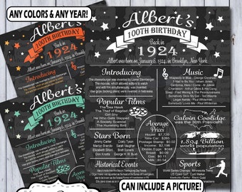100th Birthday Poster | 100 Years Ago Birthday Sign | Born in 1924 Gift | Year You Were Born Chalkboard Poster | Printable or Printed
