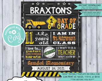Back to School Sign Editable Template | Construction First Day of 6th Grade Printable Chalkboard Poster | Corjl Instant Download Template