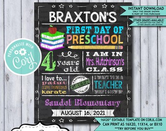 Back to School Sign Editable Template | Books First Day of Preschool Printable Chalkboard Poster | Corjl Instant Download Template