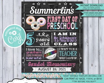 Back to School Sign Editable Template | Donuts First Day of Preschool Printable Chalkboard Poster | Corjl Instant Download Template