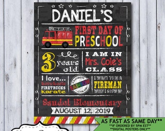 Back to School Sign | First Day of School Sign | Printable or Printed Chalkboard Poster | First Day of Kindergarten | Any Grade Firetruck