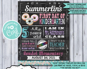 Back to School Sign Editable Template | Donuts First Day of Kindergarten Printable Chalkboard Poster | Corjl Instant Download Template