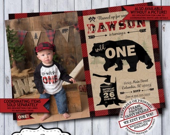 Wild One Lumberjack Photo 1st Birthday Invitation | Rustic Woodland Plaid Flannel First Birthday Invite for a Boy | Printable or Printed