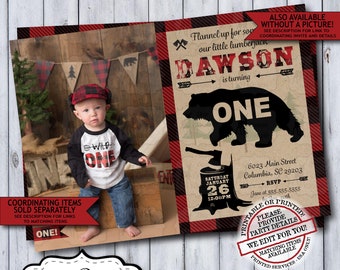 Little Lumberjack Photo 1st Birthday Invitation | Rustic Woodland Plaid Flannel First Birthday Boy Invite | Printable or Printed Any Age