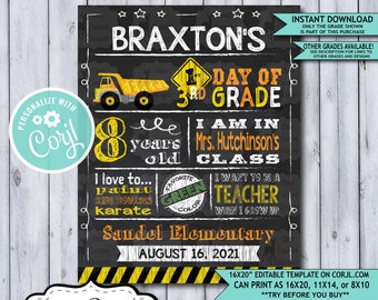 Back to School Sign Editable Template | Construction First Day of 3rd Grade Printable Chalkboard Poster | Corjl Instant Download Template