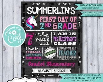 Back to School Sign Editable Template | Unicorn First Day 2nd Grade Printable Chalkboard Poster | Corjl Instant Download Template | Second