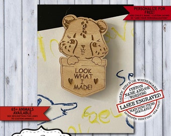 Wooden Cheetah Child Artwork Magnet | Personalized Kids Fridge Art Magnet | Laser Engraved Look What I Made School Display Magnet Gift