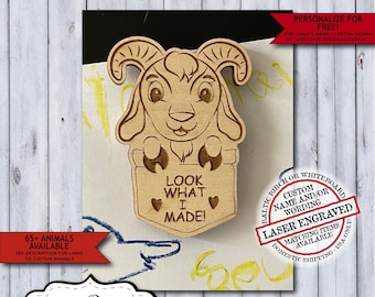 Wooden Goat Child Artwork Magnet | Personalized Kids Fridge Art Magnet | Laser Engraved Look What I Made School Display Magnet Gift