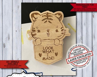 Wooden Tiger Child Artwork Magnet | Personalized Kids Fridge Art Magnet | Laser Engraved Look What I Made School Display Magnet Gift