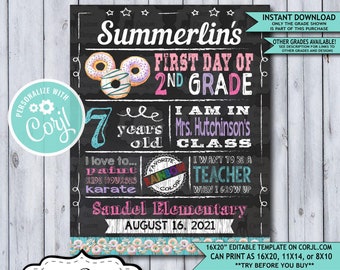 Back to School Sign Editable Template | Donuts First Day 2nd Grade Printable Chalkboard Poster | Corjl Instant Download | Second