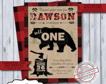 Wild One Lumberjack 1st Birthday Invitation | Rustic Woodland Plaid Flannel First Birthday Invite for a Boy | Printable or Printed