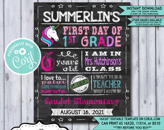 Back to School Sign Editable Template | Unicorn First Day of 1st Grade Printable Chalkboard Poster | Corjl Instant Download Template