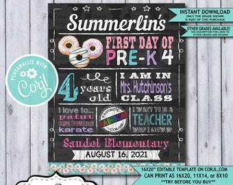 Back to School Sign Editable Template | Donuts First Day of Preschool Pre-K 4 Printable Chalkboard Poster | Corjl Instant Download Template