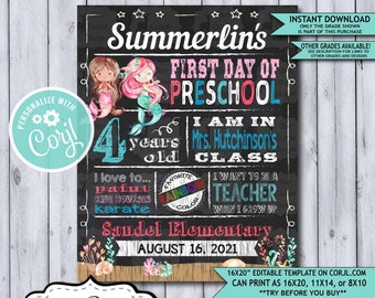 Back to School Sign Editable Template | Mermaids Ocean First Day of Preschool Printable Chalkboard Poster | Corjl Instant Download Template