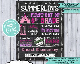 Back to School Sign Editable Template | Princess First Day 6th Grade Printable Chalkboard Poster | Corjl Instant Download Template | Sixth