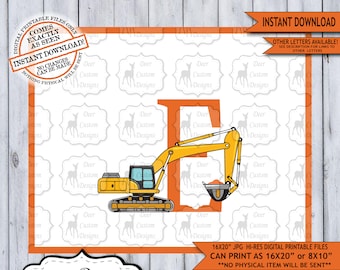 Letter E Print, Construction Vehicles Alphabet Printable Nursery Art Decor, Boys Monogram, Boy Name Baby Shower Gift, Instant Download