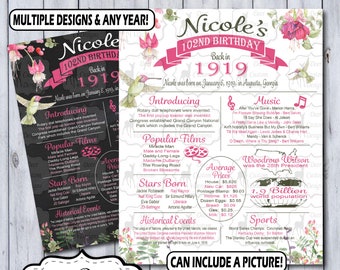 102nd Birthday Poster | 102nd Anniversary Poster | Floral Chalkboard Poster | 102 Years Ago Sign | Birthday Sign | Anniversary Sign | 1919