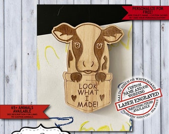 Wooden Cow Child Artwork Magnet | Personalized Kids Fridge Art Magnet | Laser Engraved Look What I Made School Display Magnet Gift