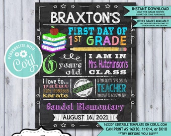 Back to School Sign Editable Template | Books First Day of 1st Grade Printable Chalkboard Poster | Corjl Instant Download Template