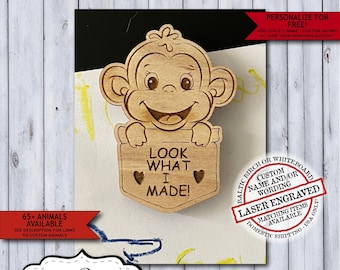 Wooden Monkey Child Artwork Magnet | Personalized Kids Fridge Art Magnet | Laser Engraved Look What I Made School Display Magnet Gift