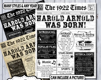 100th Birthday Poster | 100th Anniversary Poster | Newspaper Poster | 100 Years Ago Sign | Birthday Sign | Anniversary Sign | Born in 1922