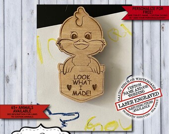 Wooden Chicken Child Artwork Magnet | Personalized Kids Fridge Art Magnet | Laser Engraved Look What I Made School Display Magnet Gift