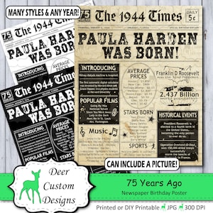 75th Birthday Poster | 75th Anniversary Poster | Newspaper Poster | 75 Years Ago | Birthday Sign | Anniversary Sign | Birthday Gift | 1944