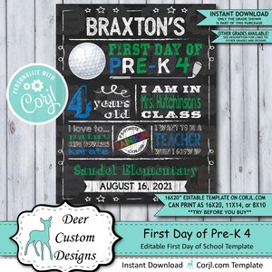 Back to School Sign Editable Template Golf First Day of Pre-K 4 Preschool Printable Chalkboard Poster Corjl Instant Download Template image 1