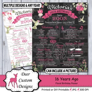 16th Birthday Poster, 16 Years Ago Birthday Sign, Born in 2003 Birthday Gift, Year You Were Born Chalkboard Poster, Printable or Printed