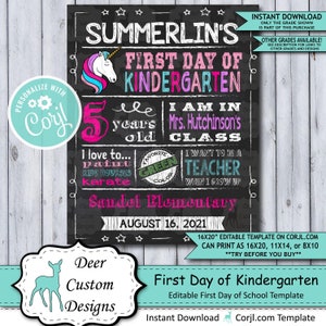 Back to School Sign Editable Template Unicorn First Day of Kindergarten Printable Chalkboard Poster Corjl Instant Download Template image 1