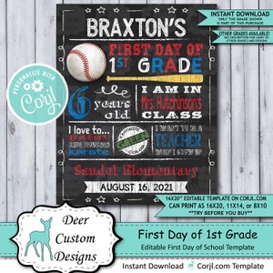 Back to School Sign Editable Template Baseball First Day of 1st Grade Printable Chalkboard Poster Corjl Instant Download Template image 1