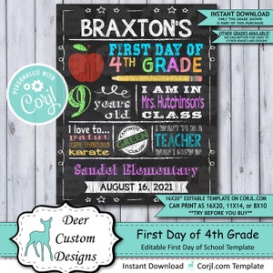 Back to School Sign Editable Template Apple First Day of 4th Grade Printable Chalkboard Poster Corjl Instant Download Template Fourth image 1