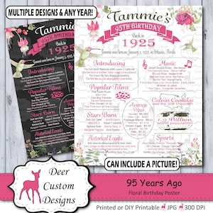 95th Birthday Chalkboard Poster | Floral 95 Years Ago Birthday Sign | 1925 Year You Were Born Poster | Printable or Printed | Floral Gift