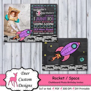 Rocket Birthday Invitation Photo Space Chalkboard Birthday Invite Astronaut Invitation Outer Space Birthday Invite Alien Invitation image 1