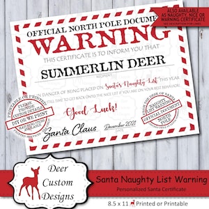Può includere: Un certificato di avvertimento della lista dei cattivi di Babbo Natale stampabile o stampato per Summerlin Deer. Il certificato è rosso e bianco con un bordo a strisce rosso e bianco. Il certificato misura 8,5 x 11 pollici ed è disponibile in articoli abbinati.