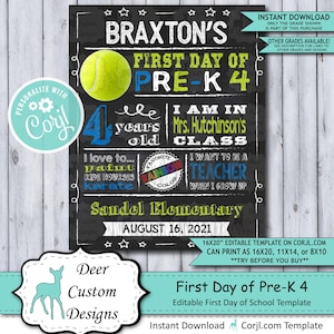 Back to School Sign Editable Template Tennis First Day of Pre-K 4 Preschool Printable Chalkboard Poster Corjl Instant Download Template image 1