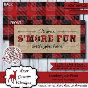 Printable Lumberjack Party Favors Snack Bag Topper, Buffalo Plaid Baby Shower or Boy Birthday Party Treat Bags, SMore Fun, Instant Download