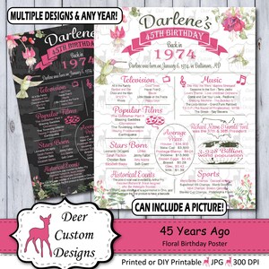 Floral 45th Birthday Poster, Born in 1974 45 Years Ago Birthday Gift Sign,  Printable or Printed Year You Were Born Chalkboard Poster