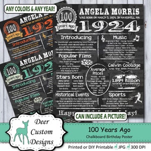 100th Birthday Chalkboard Poster | 100 Years Ago Birthday Sign | 1922 Year You Were Born Poster | Printable or Printed | Born in 1924 Poster