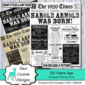 101st Birthday Poster | 101st Anniversary Poster | Newspaper Poster | 101 Years Ago Sign | Birthday Sign | Anniversary Sign | 1920