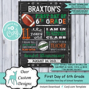 Back to School Sign Editable Template Football First Day 6th Grade Printable Chalkboard Poster Corjl Instant Download Template Sixth image 1