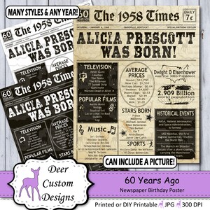 60th Birthday Poster 60th Anniversary Poster Newspaper Poster 60 Years Ago Birthday Sign Anniversary Sign Birthday Gift 1958 image 1