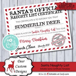 Può includere: Un certificato stampabile rosso e bianco con il testo "Santa's Official Naughty List Certificate". Il certificato è indirizzato a "Summerlin Deer" e afferma che è stato inserito nella lista dei cattivi di Babbo Natale quest'anno. Il certificato è datato dicembre 2021 e ha un timbro rosso che dice "From the Desk of Santa Naughty List Official Document North Pole Checked Twice by Santa Himself".