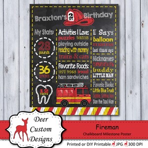 Firefighter 1st Birthday Chalkboard Poster Fireman First Birthday Chalkboard Poster Any Birthday Chalkboard Poster Milestone Poster image 1